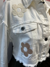 Load image into Gallery viewer, Cropped White Denim Jacket With Flower Motif