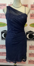 Load image into Gallery viewer, Le Chateau Navy Sheer Overlay Dress (Size 7/8)