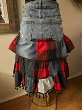 Load image into Gallery viewer, Upcycled Denim Plaid "Motorcycle" Skirt (Size Medium)
