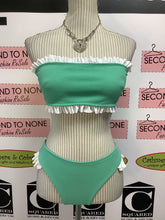 Load image into Gallery viewer, Green and White Ruffled Strapless Bikini (Size M)