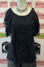 Load image into Gallery viewer, Silk Cold Shoulder Lace Trimmed Top (S)
