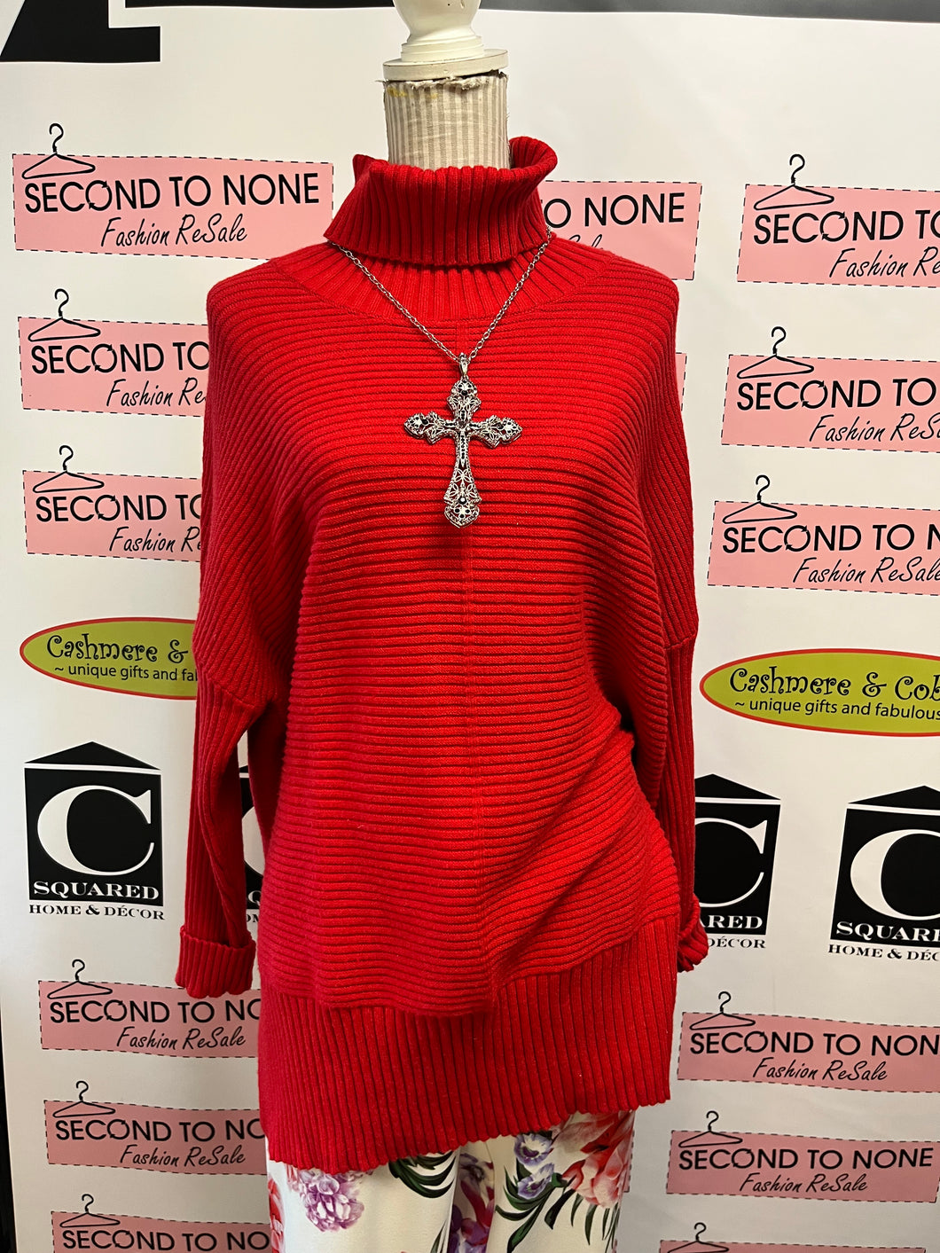 Cherry Red Ribbed Turtleneck Tunic Sweater (Size L)