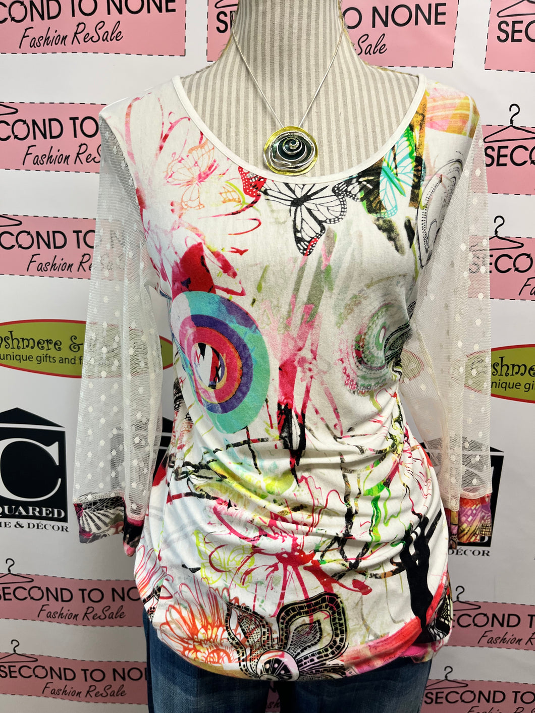 Bold Butterfly Sheer Sleeve Tunic Top (Size M)