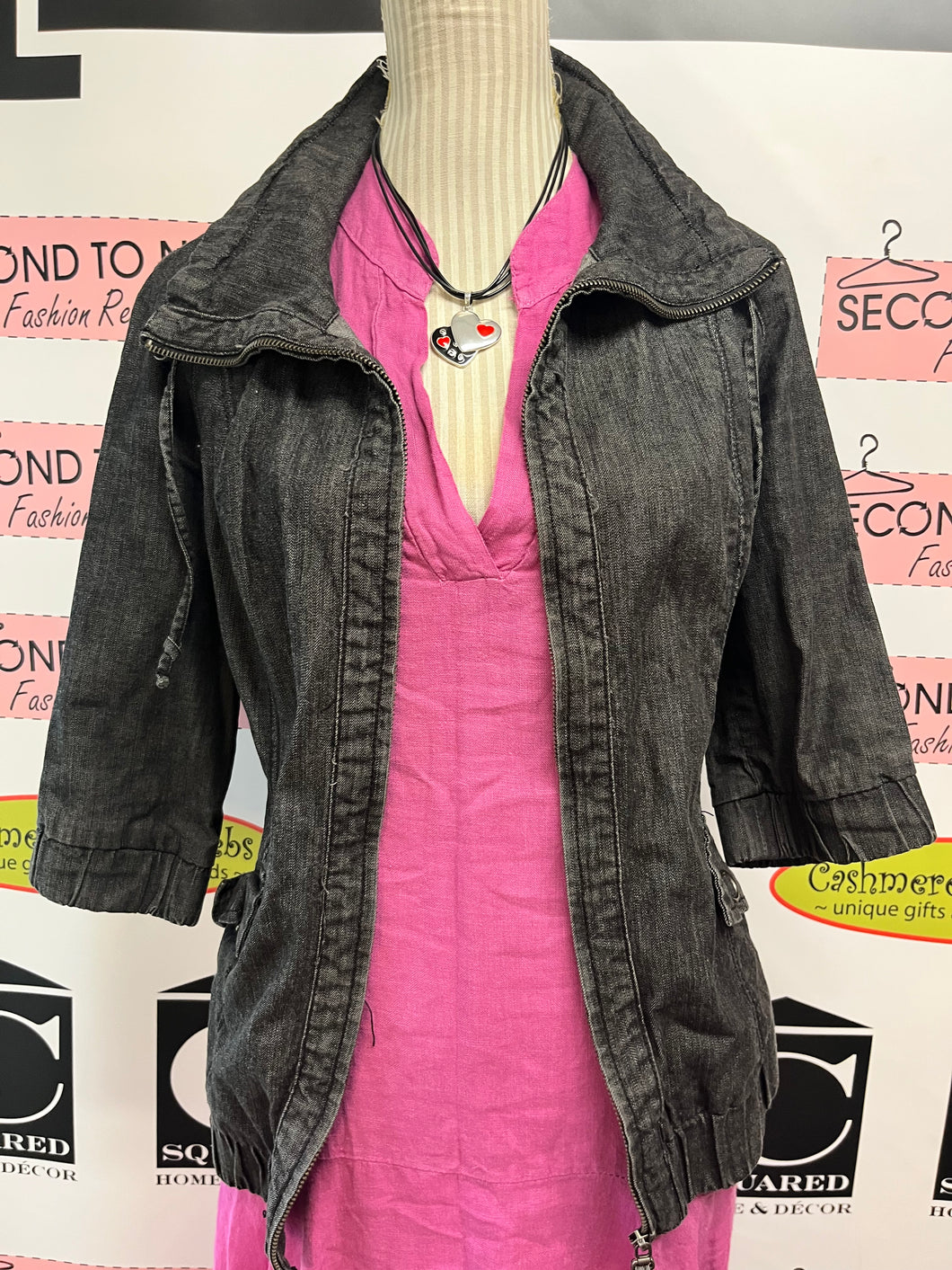 Crop Sleeve Black Denim Jacket (Size L)