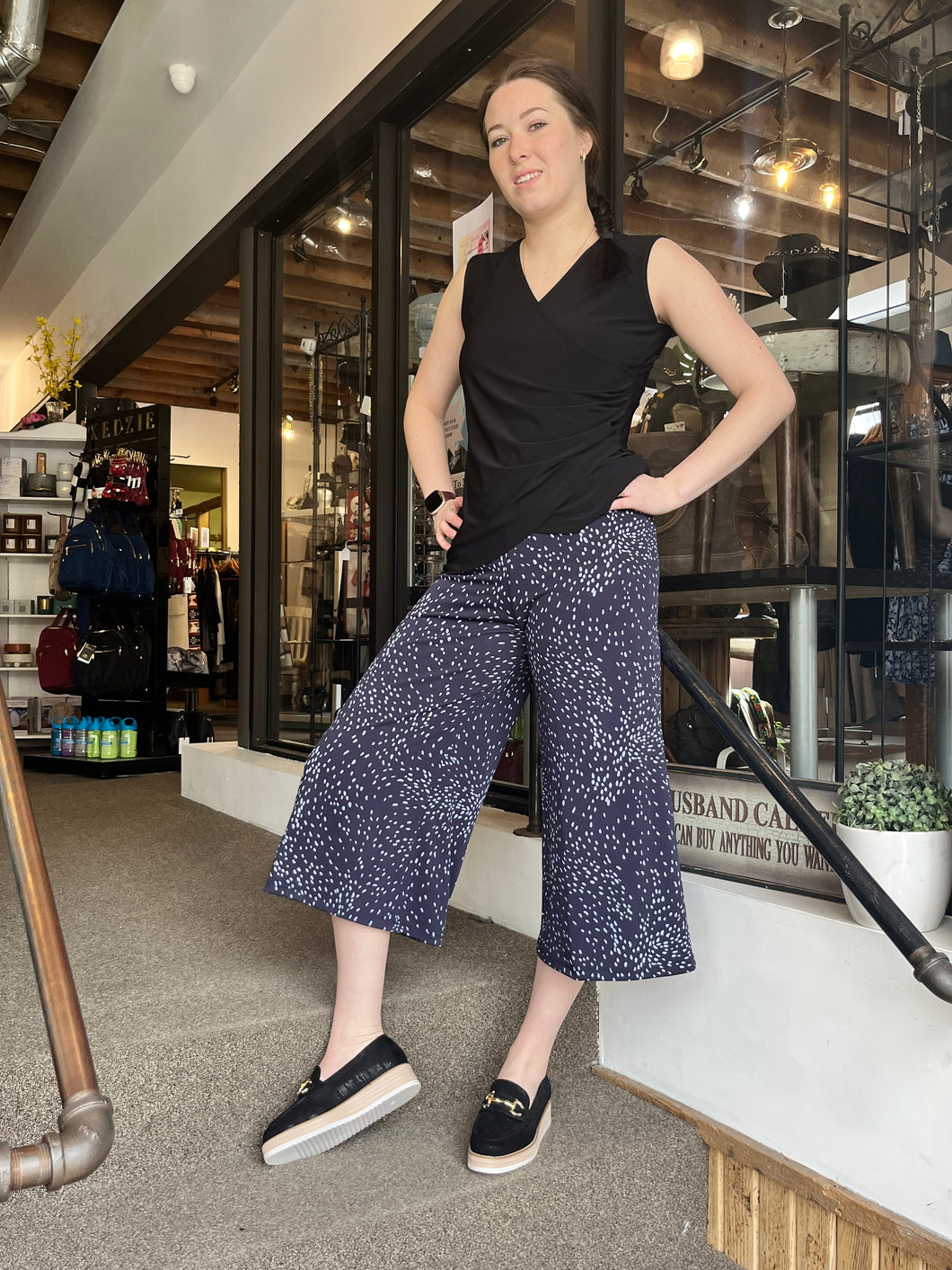 Navy Fleck-Print Wide-Leg Cropped Pant (Made in Canada) (Only 1 XXL Left!)