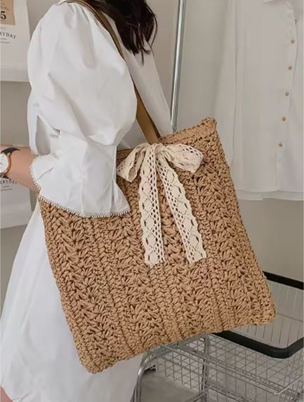 Straw Tote with Lace Bow Bag (Only 1 Left!)