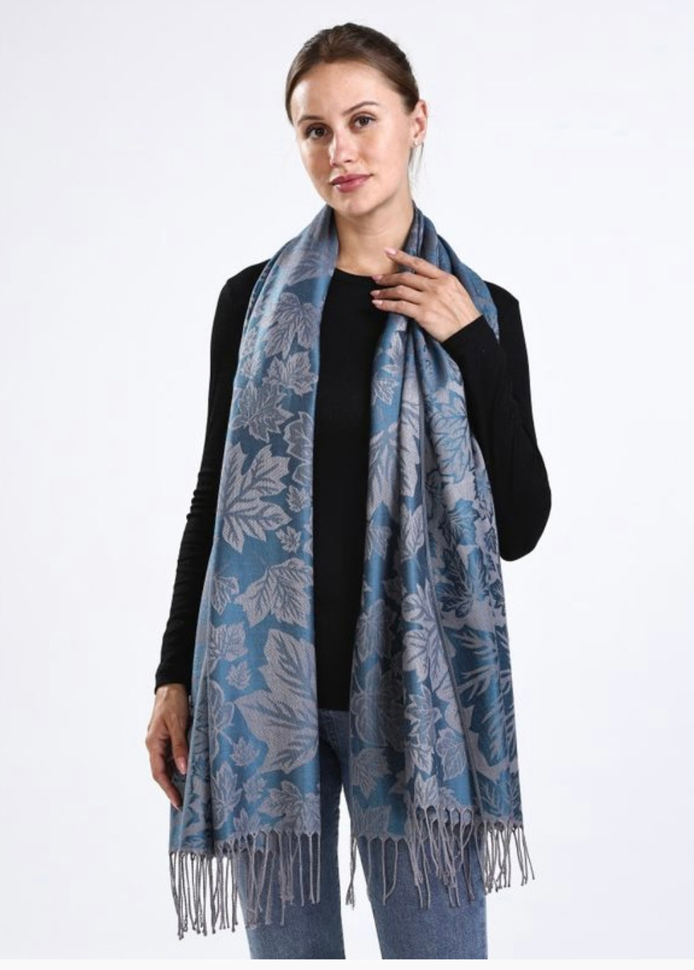Deep Teal Maple Leaf Pashmina Scarf