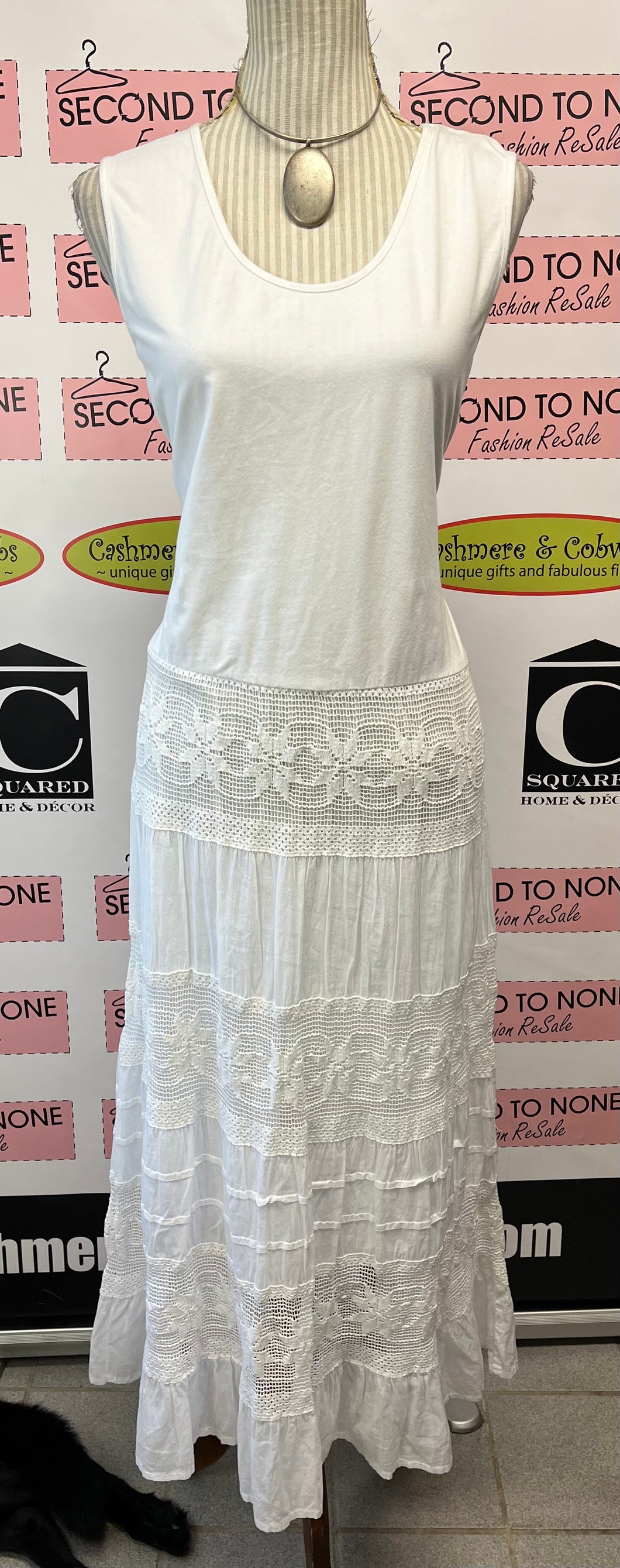 White Cotton Boho Lace Dress (Size L)