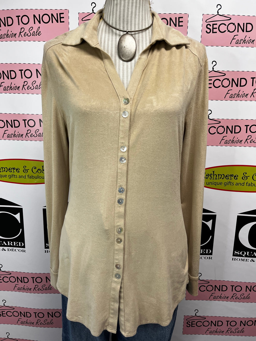 Stretchy Beige Button Down Shirt (Size 6)