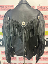 Load image into Gallery viewer, Vintage Fringe Black Leather Jacket (Size 48)
