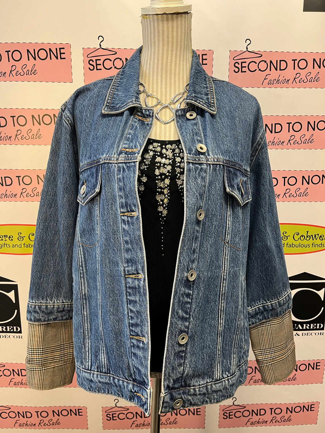 Denim & Plaid Pleated Jacket (Size M/L)