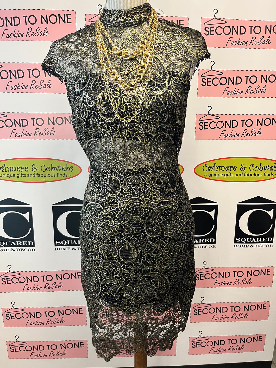 Metallic Gold/Black Lace Dress (Size M)