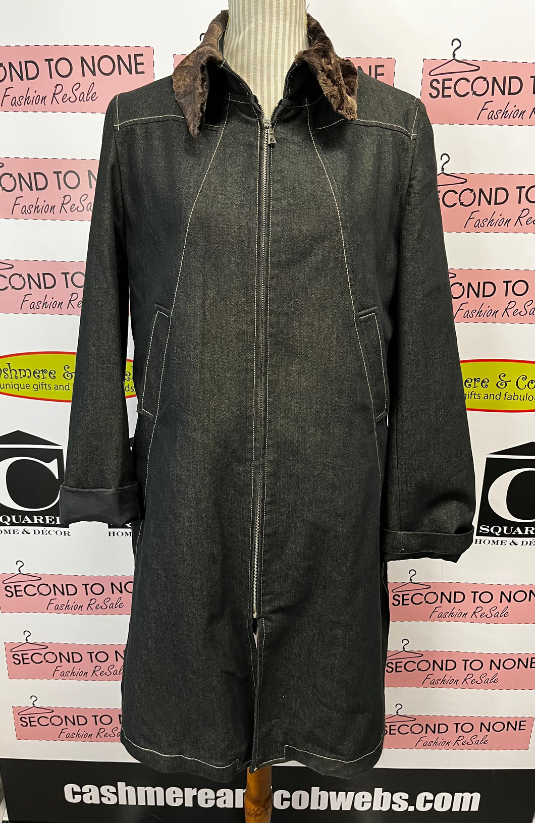 Faux-Fur Trimmed Denim Coat (Size M)