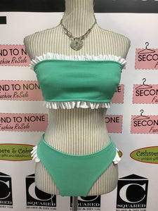 Green and White Ruffled Strapless Bikini (Size M)