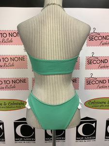 Green and White Ruffled Strapless Bikini (Size M)