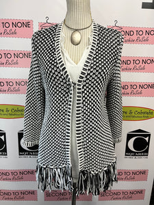 Chico’s B&W Knit Fringe Sweater (Size L)