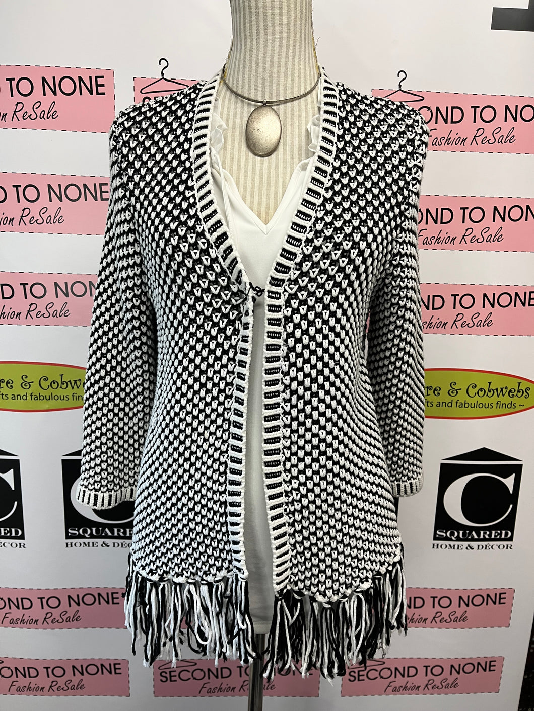 Chico’s B&W Knit Fringe Sweater (Size L)