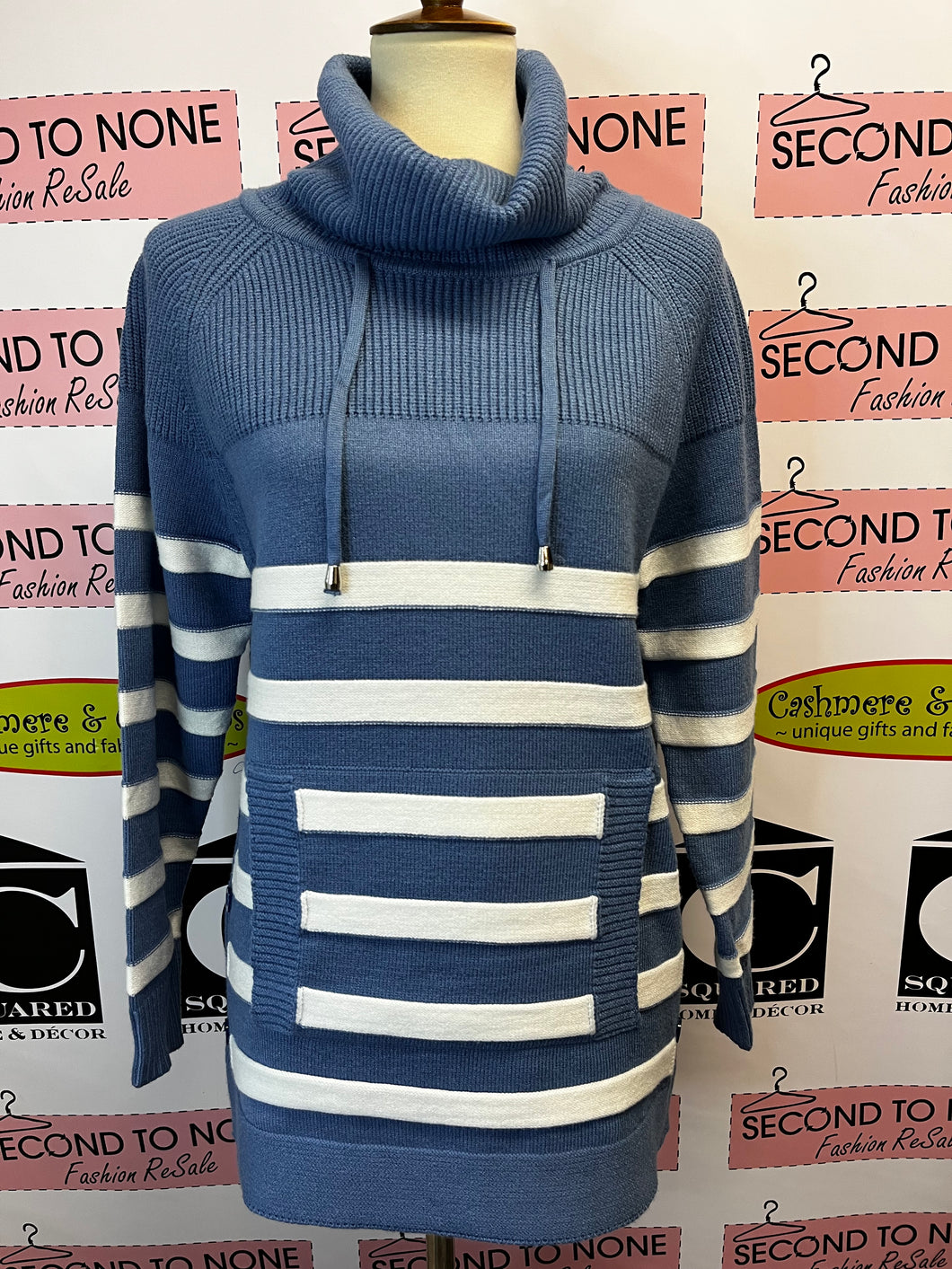 Blue & White Striped Turtleneck Sweater