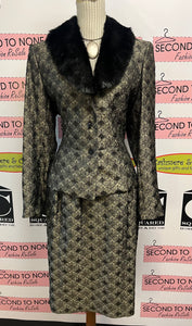 Elegant Faux Fur Collar Jacket & Skirt Set (Size 12P)