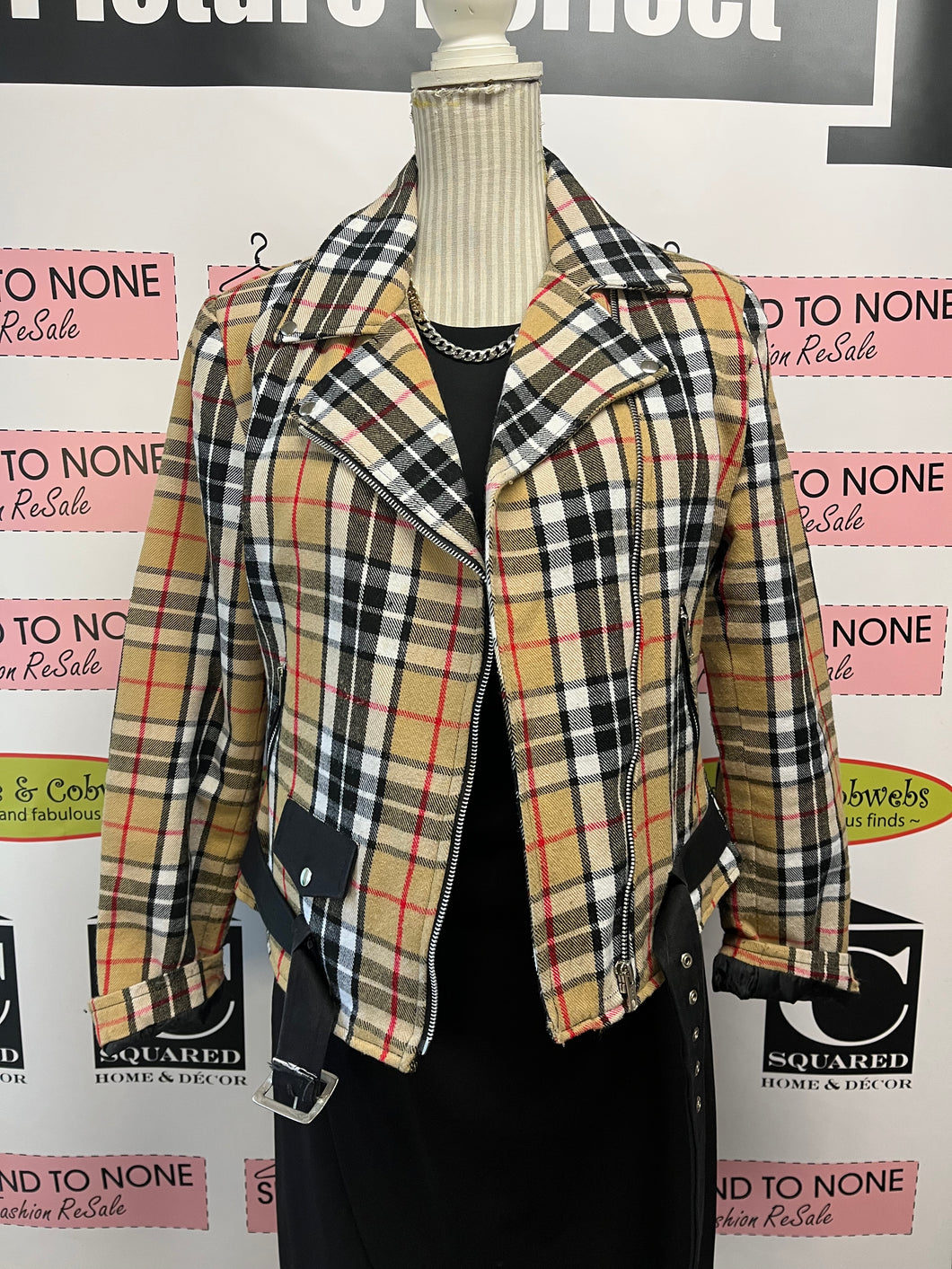 Patrick King Thompson Camel Plaid Biker Jacket (Size L - Fits Small)