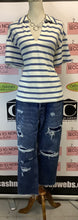 Charger l'image dans la galerie, H &amp; M White/Blue Striped Terry Cloth Shirt (Size L)
