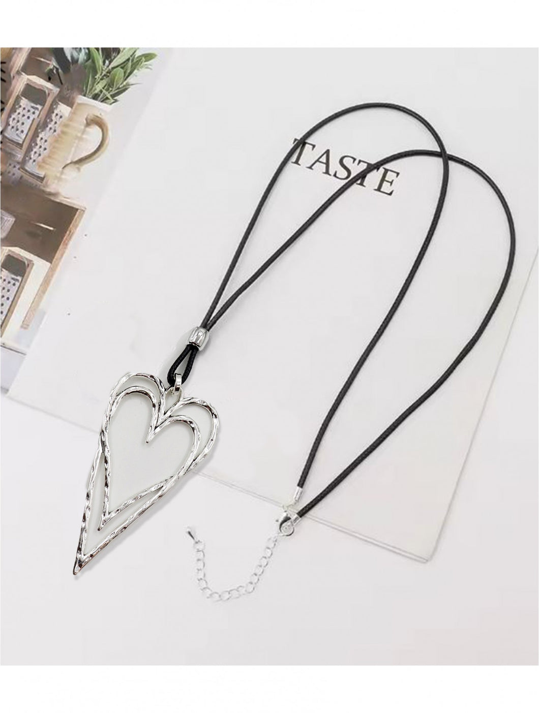 Long Rope Necklace with Double Hearts