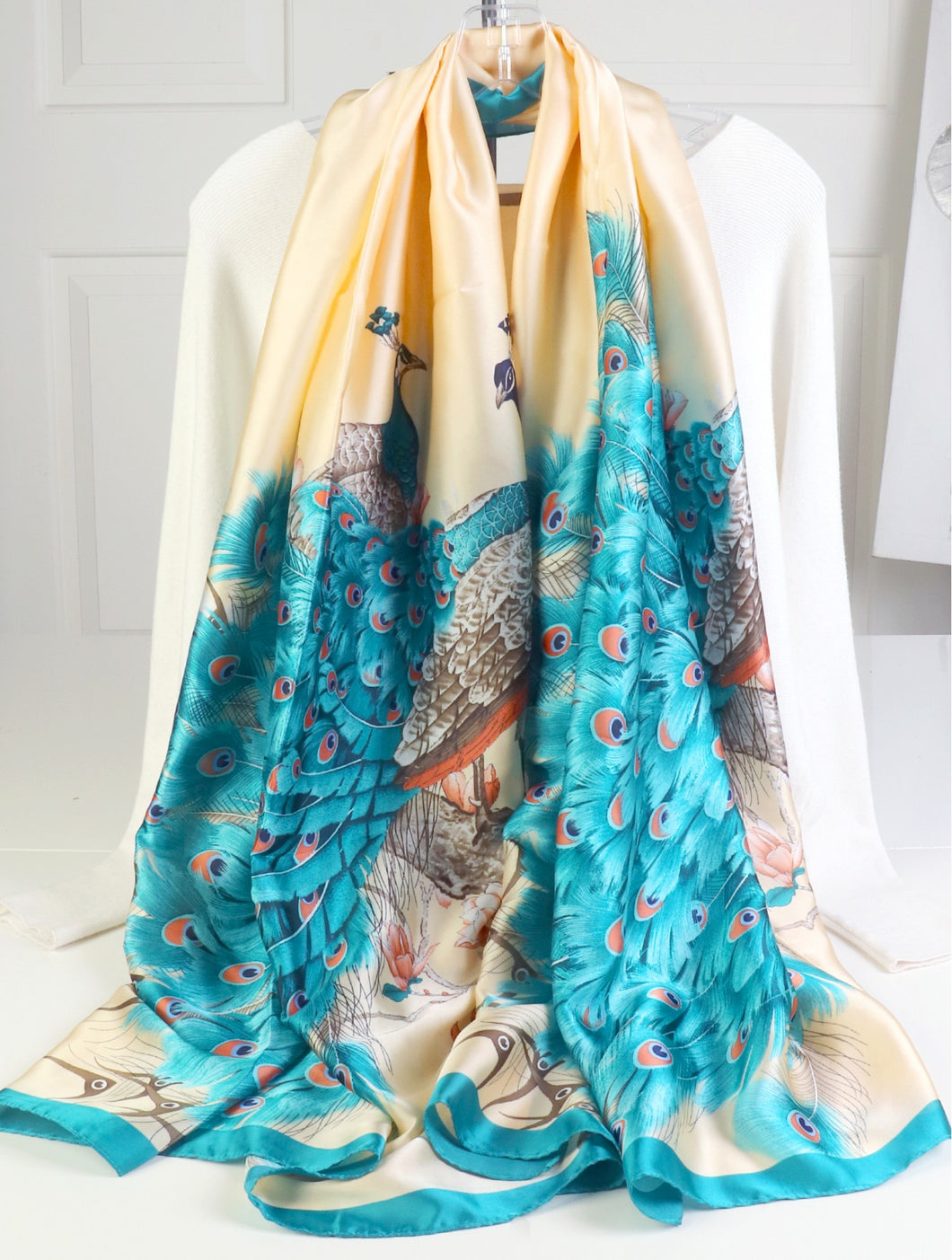 Peacock Print Silk-Like Scarf (Only 1 Left!)