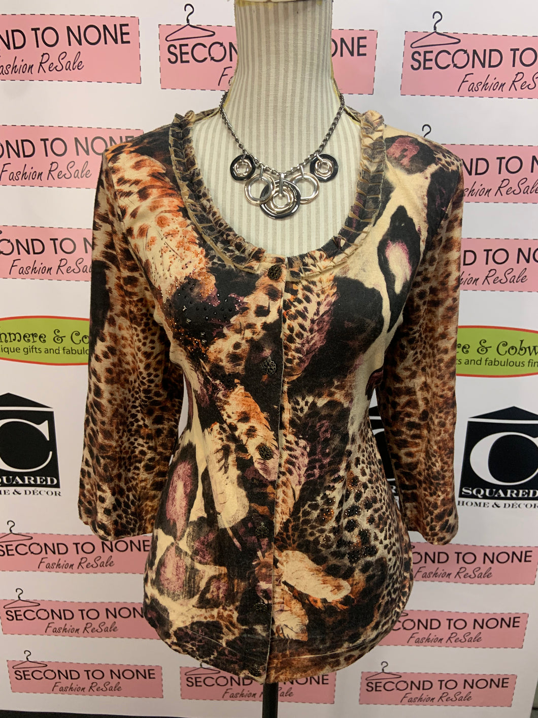 Feather & Animal Print Cardigan (Size PXL)